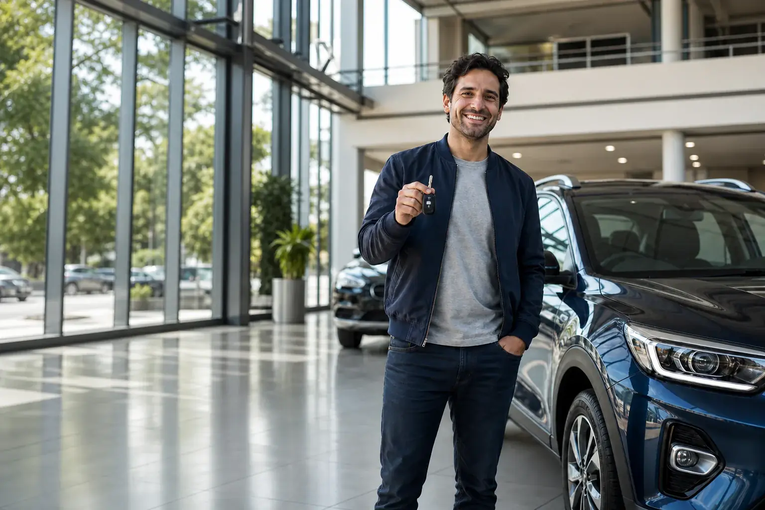 Cliente con las llaves de su auto nuevo en una concesionaria