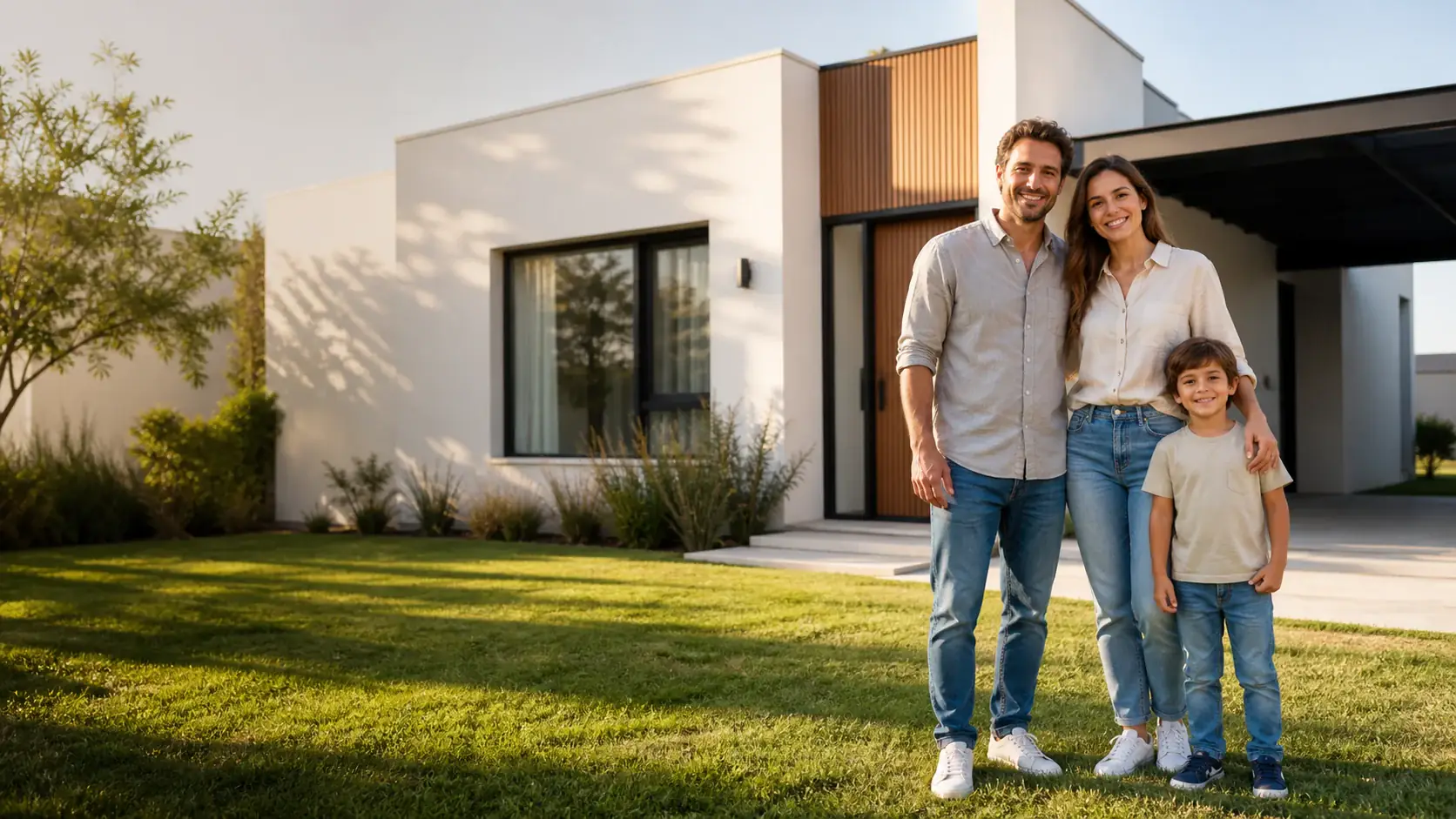 Familia frente a su nueva casa en un barrio privado